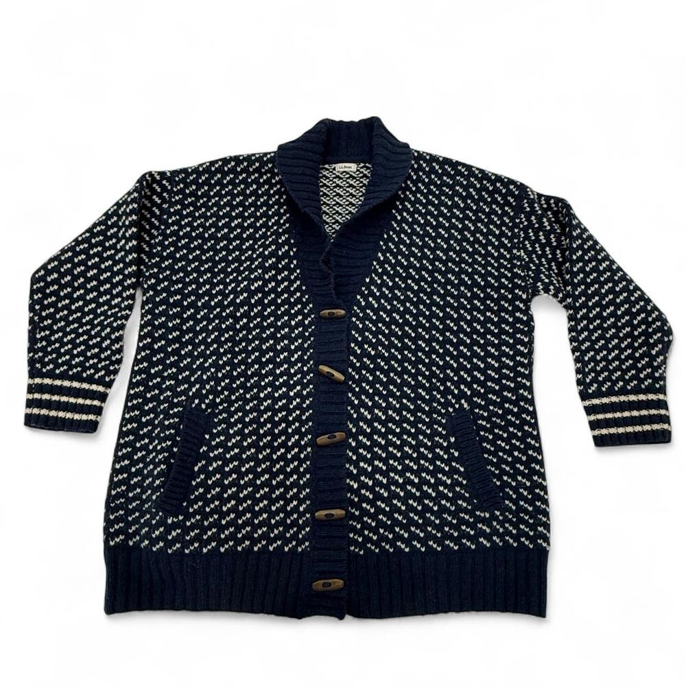 L.L. Bean Navy and White Shawl Collar Cardigan Sweater